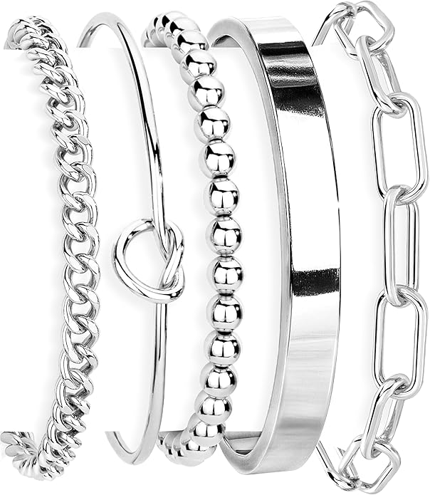 Gold Bracelets Set for Women Non Tarnish, 14K Gold Plated Sterling Silver Chunky Cuff Bracelet Stackable Gold Bangles Bracelet for Women Trendy Fashion Accessories Tie Knot Cuban Rope Paperclip Beaded Bracelet Stack Jewelry Valentines Day Gifts