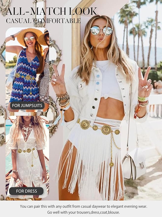 FIORETTO Metal Waist Chain Link Belt for Women Western Cowgirl Boho Turquoise Belts for Dress Jeans Country Concert Outfit