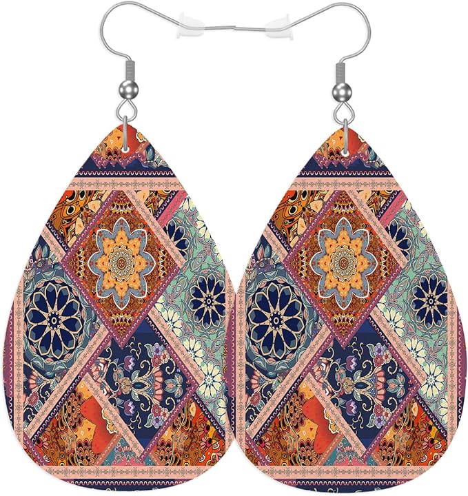 Exotic Ethnic Flowers Leather Teardrop Earrings For Women Traditional Folk Ornament Flowers Western Earrings For Friends Gift Drop Dangle Earrings