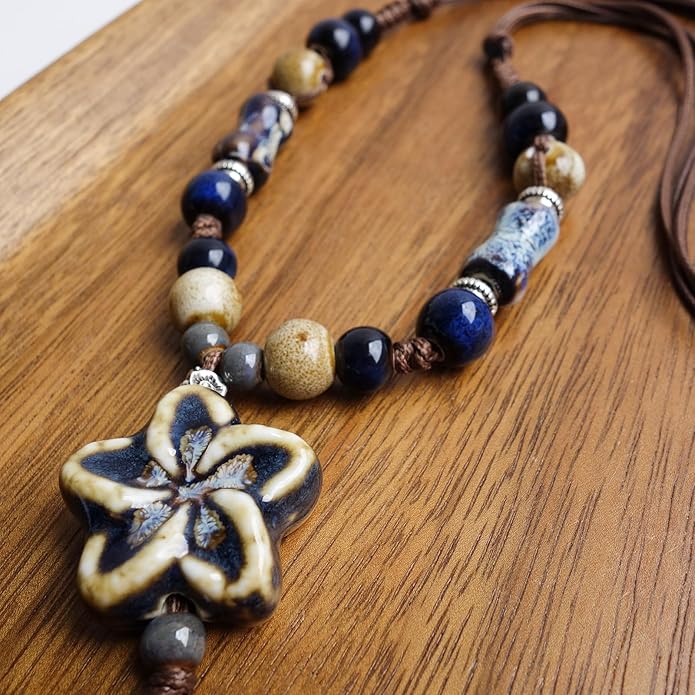 Boho Style Colorful Ceramic Bead Strand Necklace Adjustable Bohemian Jewelry Gift for Women, Fashion Clothing Matching Necklace