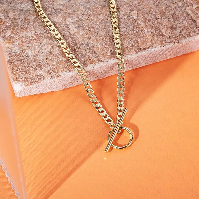 CHESKY Layered Necklaces for Women, 14K Gold Plated Chain Necklace Women Trendy Cuban Link Paperclip Chain Toggle Clasp Necklace Fashion Chunky Jewelry for Women