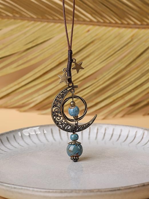 MINACHI Vintage Bohemian Hippie Ceramic Beads Crescent Moon Lariat Necklace, Boho Hippie Statement Jewelry Gift for Women