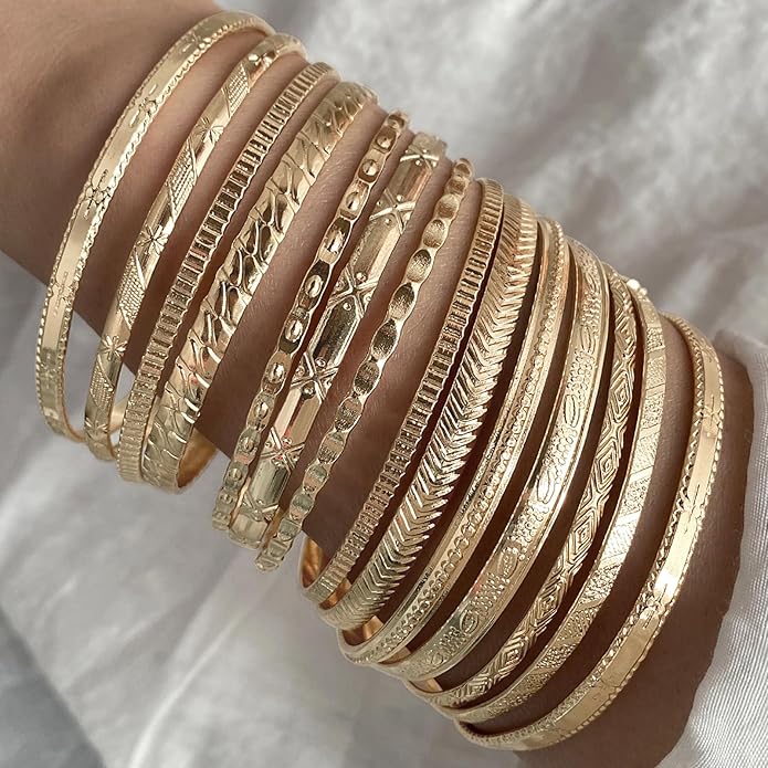 17IF Gold Bangle Bracelet For Women, 14k Multilayer Charm Textured Stackable Bracelets Boho Indian Chunky Cuff Fashion Jewelry Gift
