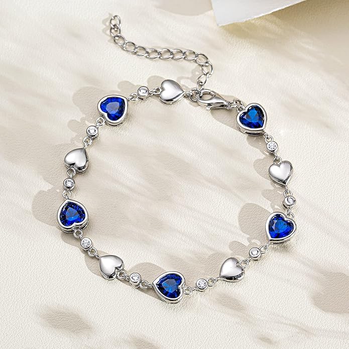 Carleen Birthstone Bracelets for Women 925 Sterling Silver Five Heart Station Created Gemstone Tennis Bracelet Jewelry Anniversary Birthday for Wife, 7"+1.2" Extender