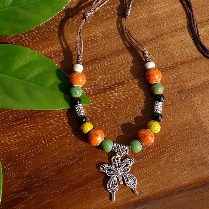 Boho Style Colorful Ceramic Bead Strand Necklace Adjustable Bohemian Jewelry Gift for Women, Fashion Clothing Matching Necklace