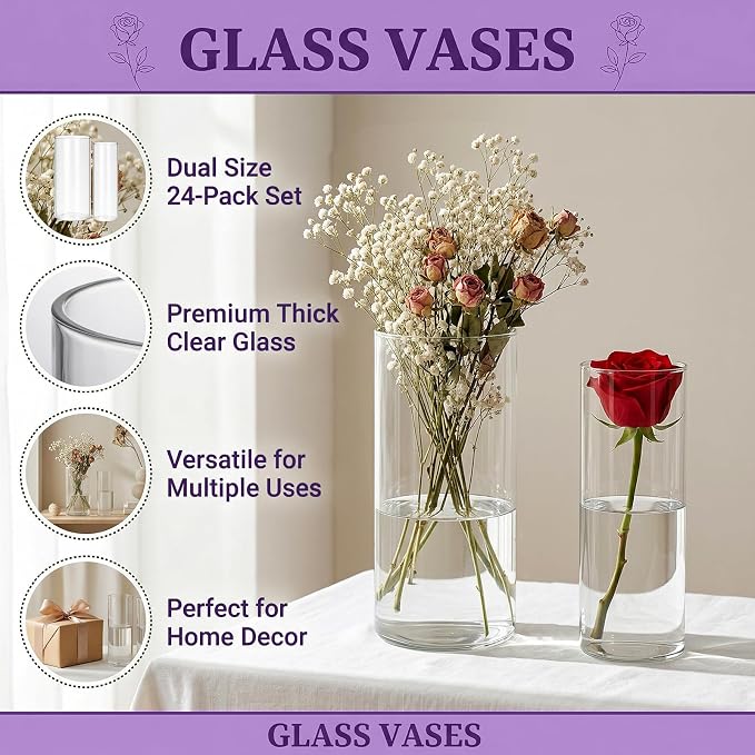 24 Pack Clear Glass Cylinder Vases, Flower Vases | Floating Candle Holder - Image 3