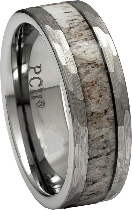 Men's Tungsten Deer Antler With Ring Hammered Finish 8mm Comfort Fit Wedding Band