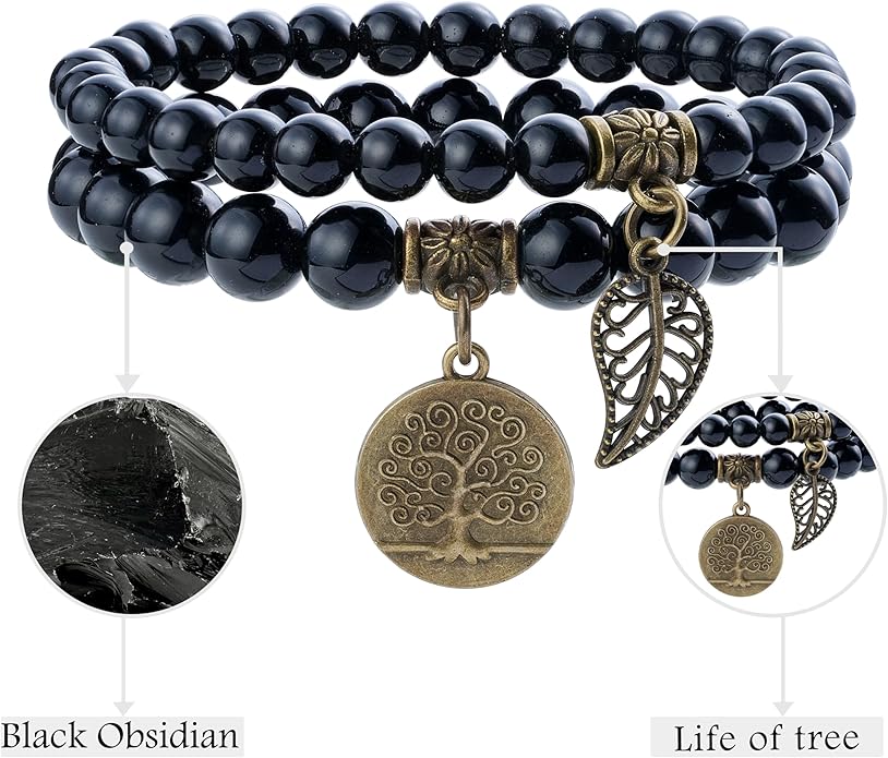 Bivei Natural Semi Precious Gemstone beads bracelet for women - Life Tree and Leaf Charm Energy Reiki Crystal Stretch Bracelets