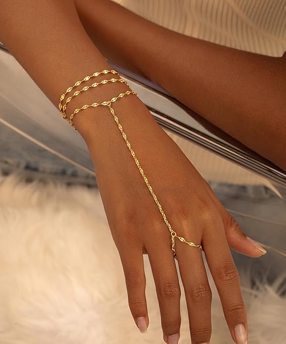 CHESKY 14K Gold Plated Hand Chain Bracelets for Women Set - Dainty Finger Ring Bracelet Stack Adjustable Hand Chains Durable Beaded Bracelets Trendy Simple Body Jewelry Gift for Women