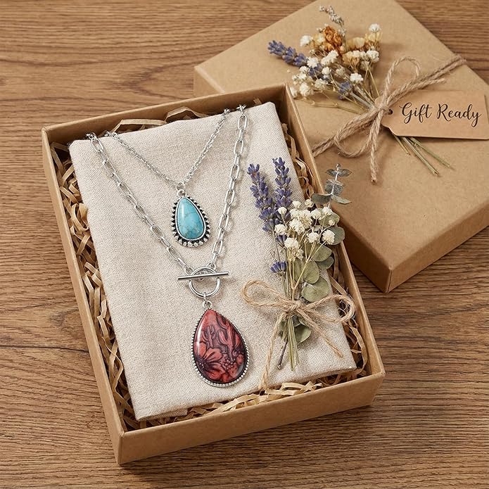 2 Pcs Western Necklaces for Women Silver Plated,Layered Boho Cowgirl Necklace Set with Teardrop Pendant,Turquoise Necklace,Western Jewelry for Women Rodeo Country Concert Jewelry Accessories