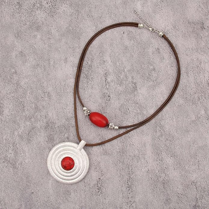 Boho Necklaces for Women Chunky Circle Necklace Layered Boho Circle Leather Choker Necklace Long Vintage Necklaces Bohemian Jewlery Gifts