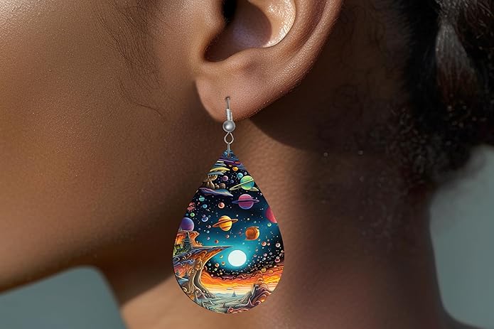 Teardrop Wood Earrings Light Weight Printed Image Dangle Jewelry, Fun and Funky