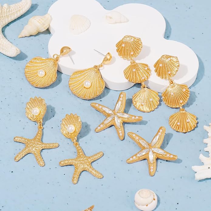 Coiris 4 Pairs Shell Starfish Earrings Set for Women Seashell Gold Dangle Earrings Chunky Drop Beach Summer Jewelry