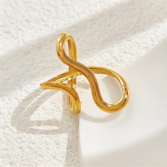 Chunky Rings For Women, Gold Silver Thumb Ring Asymmetrical Wavy Curve Ring Adjustable Non Tarnish Dainty Stainless Steel New Year Anniversary Birthday Jewelry Gift