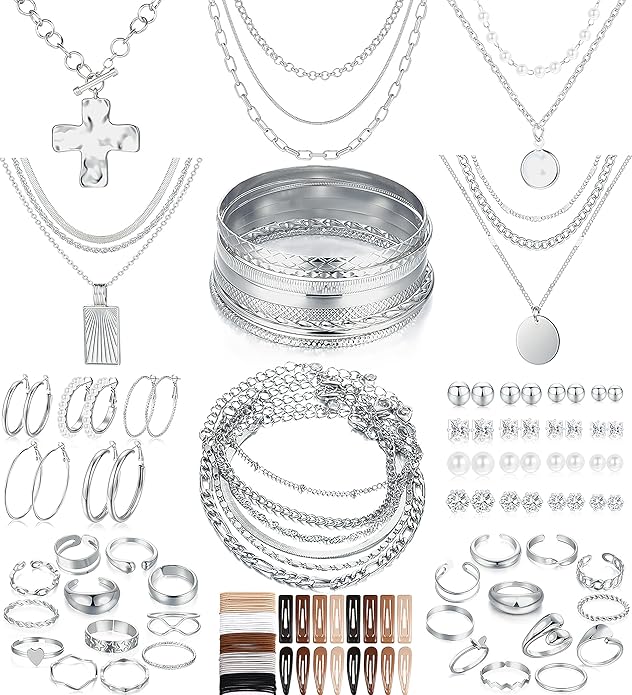 FANDY 137 Pieces Gold Jewelry Set for Women, 12 Necklace, 14 Bracelet, 21 Earrings, 24 Knuckle Rings, 66 Hair Accessory Gold Plated Jewelry Set for Women Gift