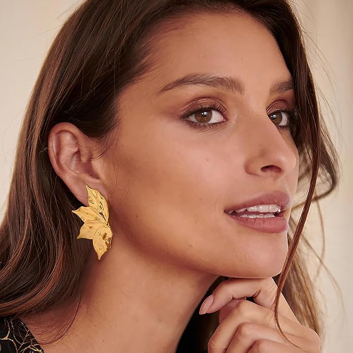 Chunky Gold Statement Earrings For Women Gold Plated Sectored Flower Leaf Shell Angel Wing Earrings Trendy Boho Jewelry For Women Large Stud Earrings Hypoallergenic Earrings