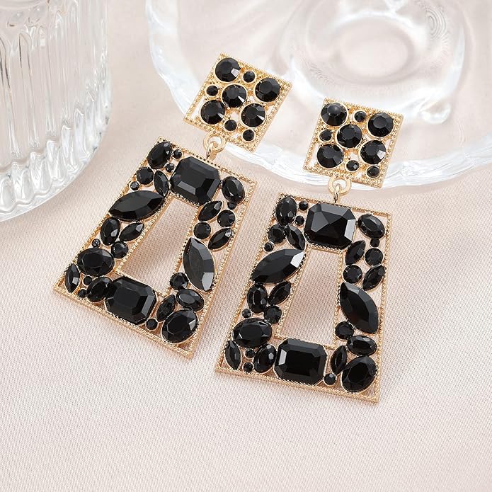 Rhinestone Rectangle Statement Earrings Colorful Crystal Geometric Drop Dangle Earrings for Women Prom Party