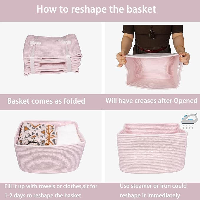 XUANGUO Woven Cotton Rope Storage Baskets 15x10x9.3" 3 Pack Light Pink | - Image 7