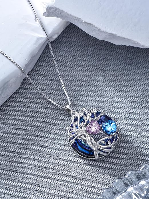 TOUPOP s925 Sterling Silver Family Celtic Tree of Life Pendant Necklaces with 2 Heart Birthstone with Blue Austrian Crystal Jewelry Birthday Valentines Day Gifts for Her, Anniversary Christmas Gifts for Wife Girlfriend Mom (18K Real White Gold Filled)