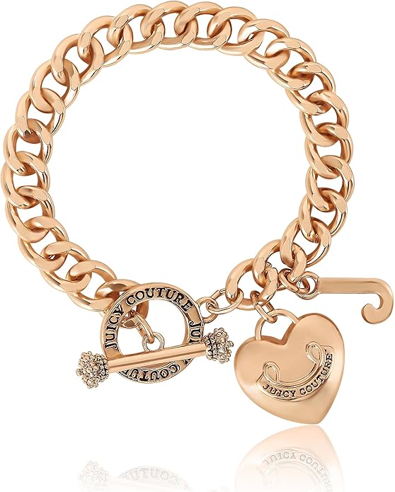 Juicy Couture Bracelet 7-7.5", Goldtone Heart Charm and Toggle Bracelets for Women, Juicy Jewelry