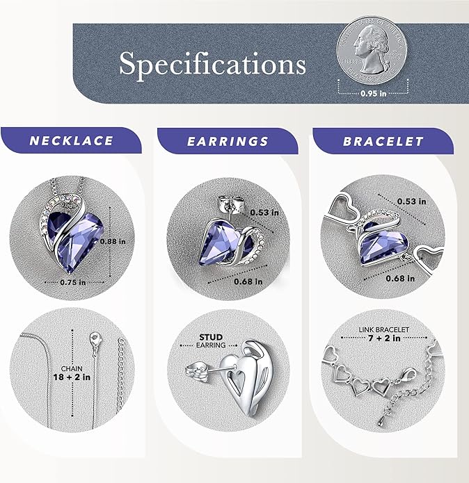 Leafael Valentine's Day Gift Necklaces for Women, Infinity Love Birthstone Heart Crystal Pendant, Birthday Anniversary Jewelry for Wife, Mom, and Her, Silver Plated, 18" + 2" Adjustable Chain