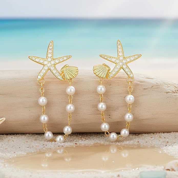 Seashell Starfish Earrings Beach Jewelry for Women Pearl Drop Shell Earrings Ocean Beachy Fashion Accessories Womens Summer Outfits 2026 Tropical Vacation Outfits Beach Vacation Clothes Dresses