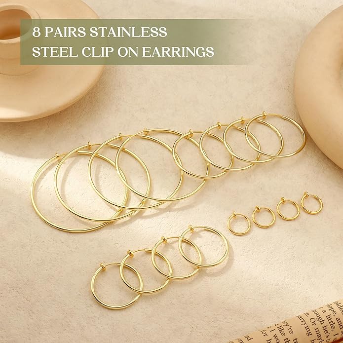 Magitaco 8 Pairs Clip On Hoop Earrings Stainless Steel Clip On Earrings for Women Fake Hoop Earring Spring Hoop Earring For Non-Pierced Ears