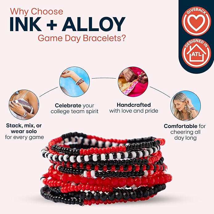 INK + ALLOY Game Day Bracelet Stacks, Beaded Bracelets for Football Gameday Outfits, Handmade Jewelry for College Students, Teachers, Football Moms, Set of 10