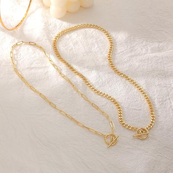 CHESKY Layered Necklaces for Women, 14K Gold Plated Chain Necklace Women Trendy Cuban Link Paperclip Chain Toggle Clasp Necklace Fashion Chunky Jewelry for Women