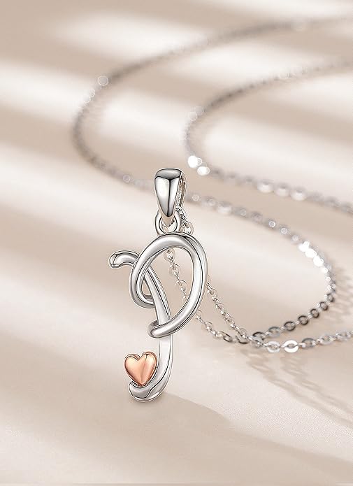 CELESTIA 925 Sterling Silver Initial Necklaces 26 Letter with Rose Gold Heart - 18 Inch Chain