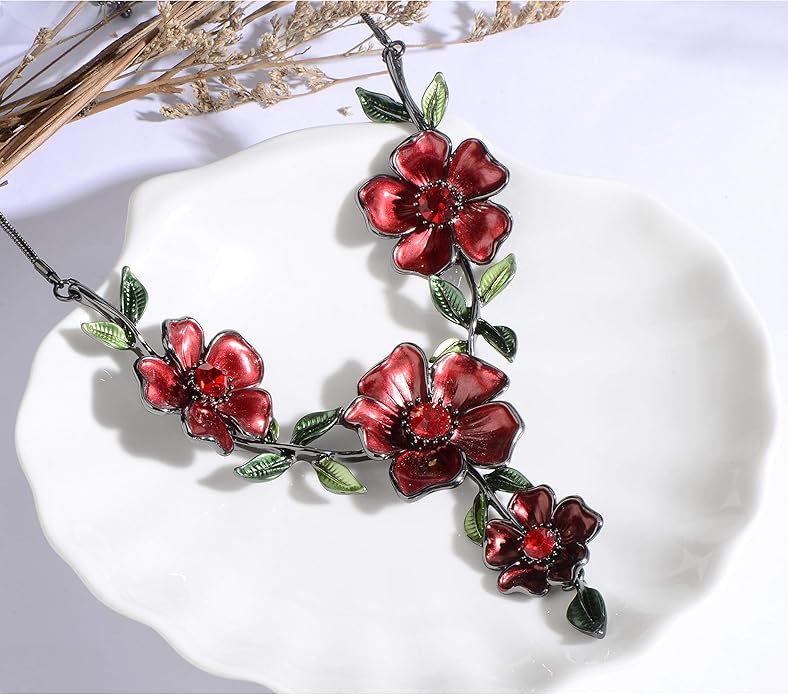 AMYJANE Vintage Statement Jewelry Set - Spring Leaf Flower Floral Plant Necklace Earring Set Crystal Rhinestone Fashion Costume Jewelry for Women Prom Party Unique Gift
