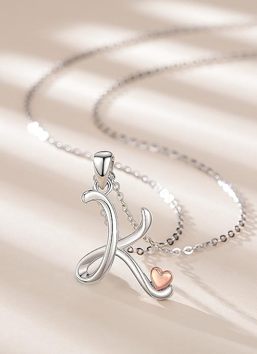 CELESTIA 925 Sterling Silver Initial Necklaces 26 Letter with Rose Gold Heart - 18 Inch Chain