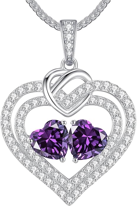 LOUISA SECRET Sparkling Double Heart Birthstone Necklaces for Women, 925 Sterling Silver Fine Jewelry, Pendant Heart Necklaces Birthday Anniversary Christmas Gift for Women Wife Mom Girlfriend Lady