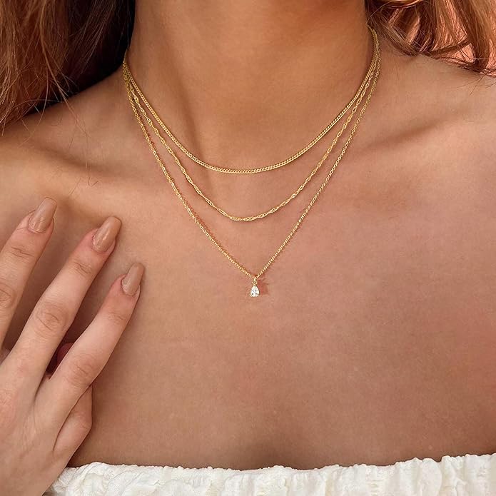 Layered Necklaces for Women,Dainty 14k Gold Plated CZ Layered Choker Necklace for Women Trendy Non Tarnish Hypoallergenic Beaded Paperclip Chain Necklace Stack Women's Minimalist Gold Jewelry Gifts