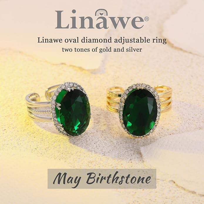 Linawe Birthstone Chunky Adjustable Rings for Women, Gold/Silver/Rose Gold Statement Rings, Imitation Diamond Fake Gemstone Crystal Cocktail Ring, Cubic Zirconia Costume Jewelry