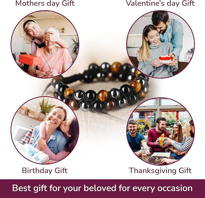 Crystal Vibe 8mm Triple Protection Bracelet - Beaded Bracelet with Natural Stones of Tiger Eye, Hematite, Black Obsidian - Elastic Adjustable Crystal Bracelet for Anxiety Relief, Spiritual Healing