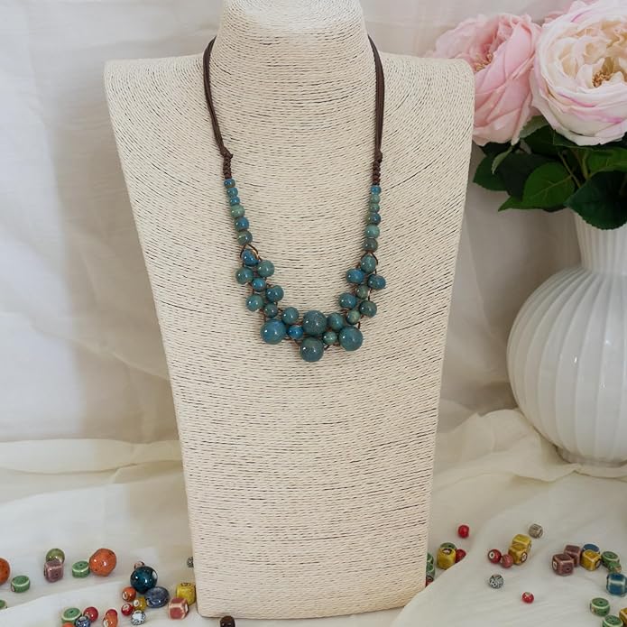 Boho Round Colorful Ceramic Beaded Necklace, Adjustable Hippie Statement Necklace, Handmade Ethnic Jewelry Gift for Women