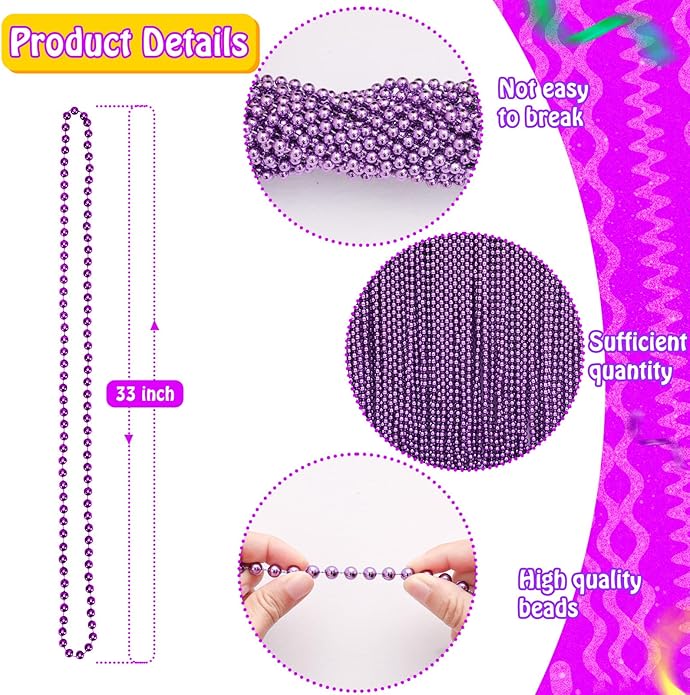 144 Pcs Mardi Gras Beads Bulk, 33 Inch 7mm Carnival Beaded Necklaces Decorations For Mardi Gras Festivals, Mardi Gras Parades, Night Club Dress-up Events Party Costume