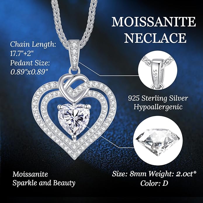 OOBEE Valentines Day Gift Moissanite Heart Necklaces for Women, 1- 4 Carat Moissanite 925 Sterling Silver 14K Gold Plated Pendant Necklace, Ideal Anniversary Birthday Christmas Mothers Day Jewelry Gifts for Mom Wife Her Girlfriend Daughter