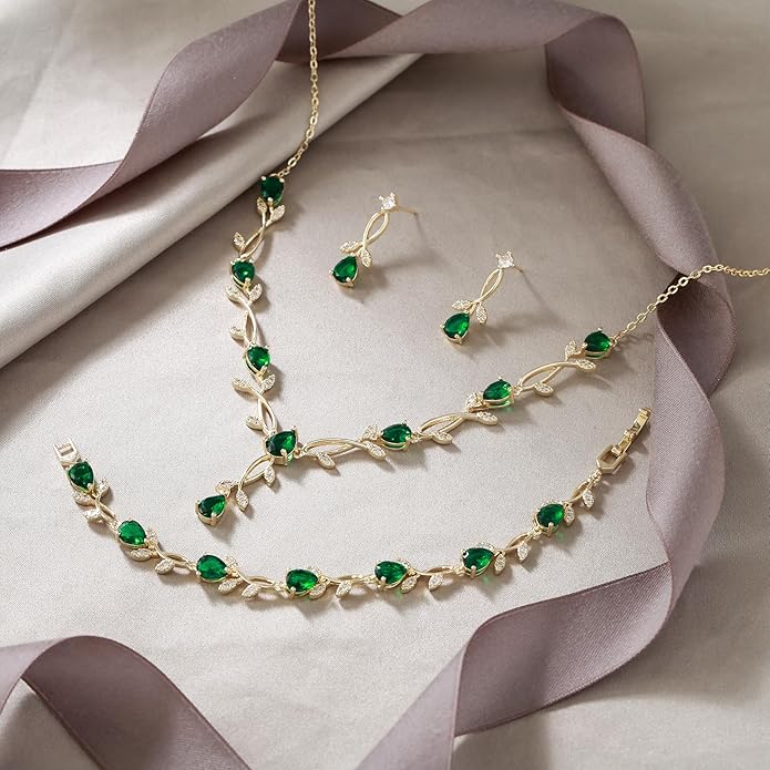 EVER FAITH Bridal Cubic Zirconia Jewelry Sets for Women, White Simulated Pearl Leaf Vine Pendant Wedding Party Necklace Earrings Set for Bridesmaid Bride