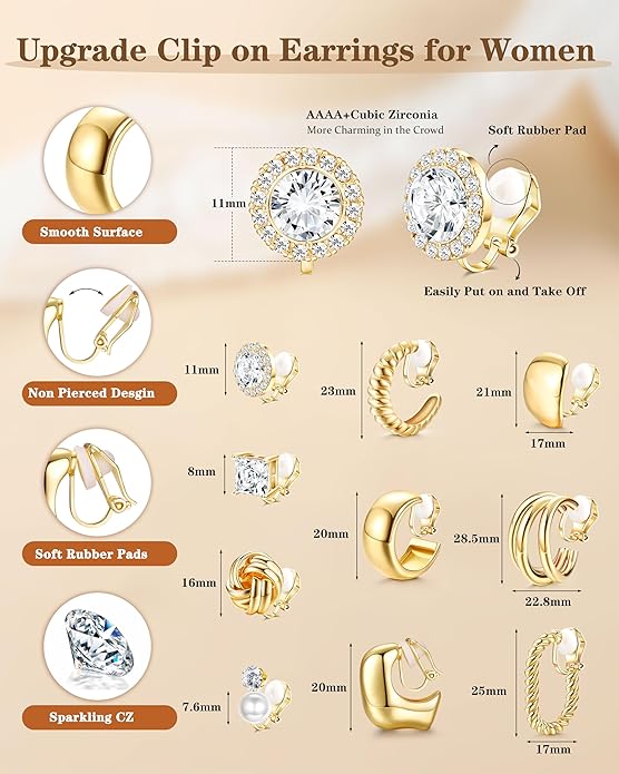 FIBO STEEL 10 Pairs Clip On Earrings for Women Non Pierced Ears CZ Pearl Knot Twist Chunky Hoop and Studs Earring Set Ear Clips Jewelry 14K Gold Plated