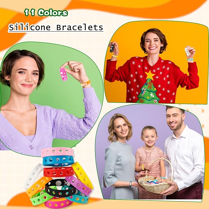 66 Pcs Silicone Charm Bracelets Adjustable Cute Kids Rubber Bracelets Bulk Colorful Wristbands with Holes for Shoe Birthday Party Gifts Identify, 11 Colors