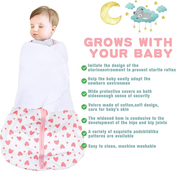 Newborn Sleep Sack Baby Swaddle,6-12 Months,3-Way Adjustable Wearable Blanket,100% Rayon Cotton Swaddling Sleeping Bag，TOG 0.5（Heart&Floral）
