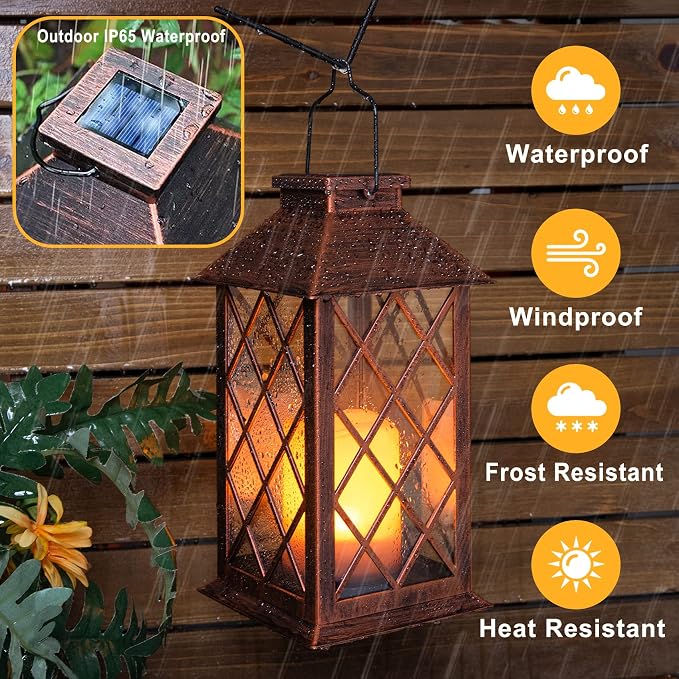 14" Solar Lanterns Outdoor Garden Lantern Waterproof LED Flickering Flameless - Image 5