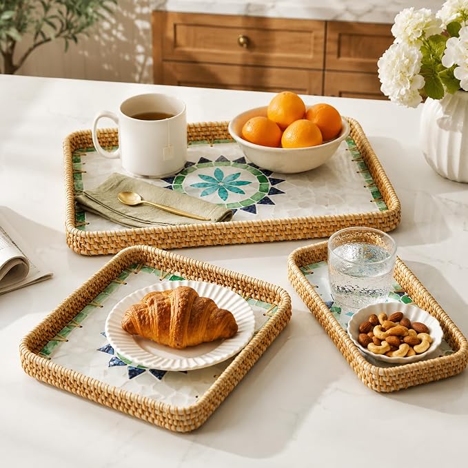i-lan 15" Green Rattan Nesting Tray Set, Mother of Pearl Inlay, mail or - Image 2