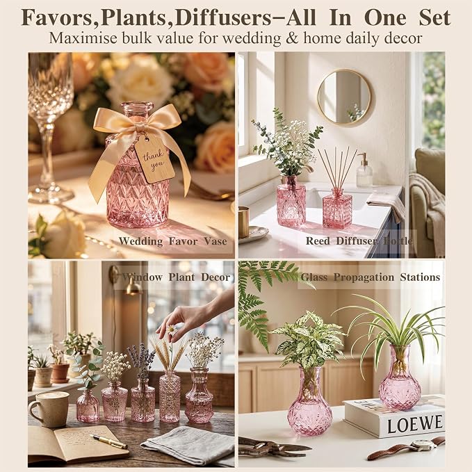 Clear Pink Glass Bud Vase Set of 14 Pcs, Small Bud Vases in Bulk, Glass Crystal - Image 3