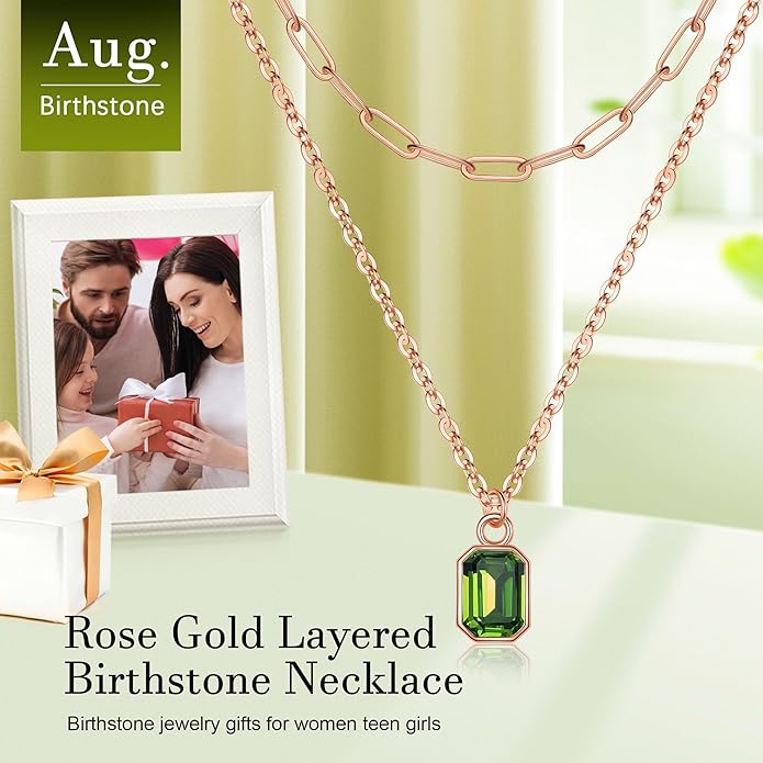 Layered Birthstone Necklace for Women Girls, 14K Gold-Plated Paperclip Chain Choker Necklace with Rectangle Birthstone Pendant Birthday Gifts for Women Girls Dainty Small