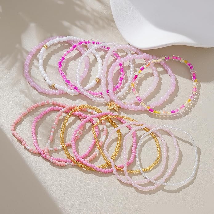 Shell Bracelet Seashell Boho Beaded Stretch Bracelets for Women Summer Beach Bracelets Starfish Charm Bracelet Stackable Gold Plated Bracelets Set for Women