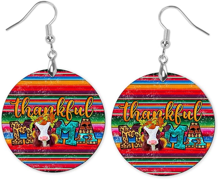 Round Wood Earrings Light Weight Printed Image Dangle Jewelry