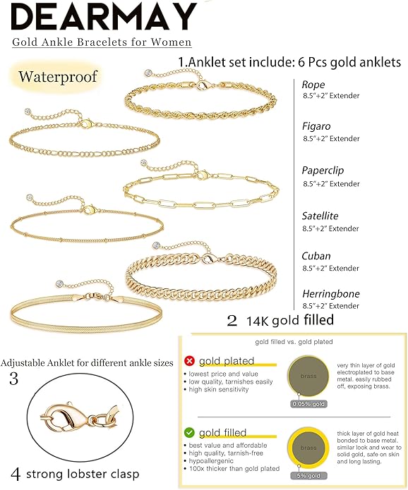 DEARMAY Dainty 14K Gold Plated Ankle Bracelets for Women, Waterproof 14K Gold Plated Link Chain Anklets Non Tarnish Set Pack Summer Beach Jewelry Gift